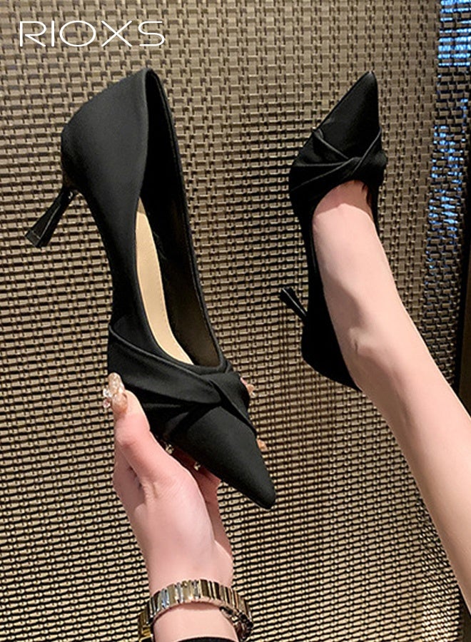 RIOXS Elegant Women's High Heels, Classic Open-Balm Design with Slim Heel for Girls, Fashionable Pointed Toe in Solid Colour with Bow, Comfortable 7cm Heel for Meeting, Outdoor Activities, Dating, Vacation, Daily Life, Black - Image 2